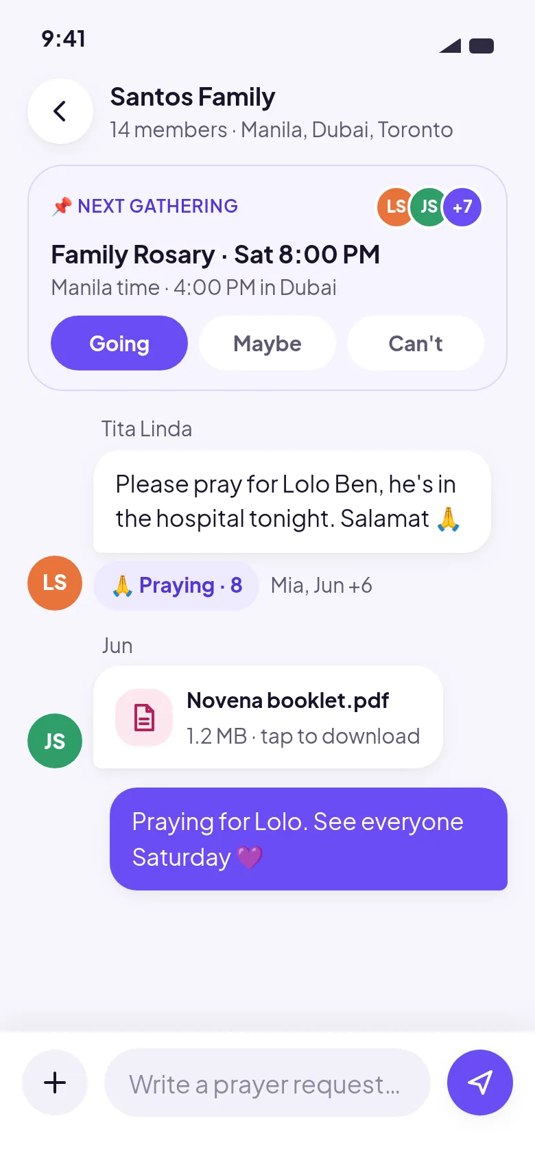 Family group chat with a prayer request and 8 people praying