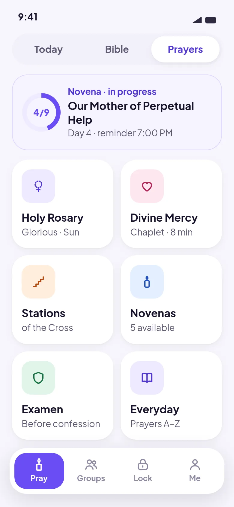 Prayers screen with a novena in progress and devotions