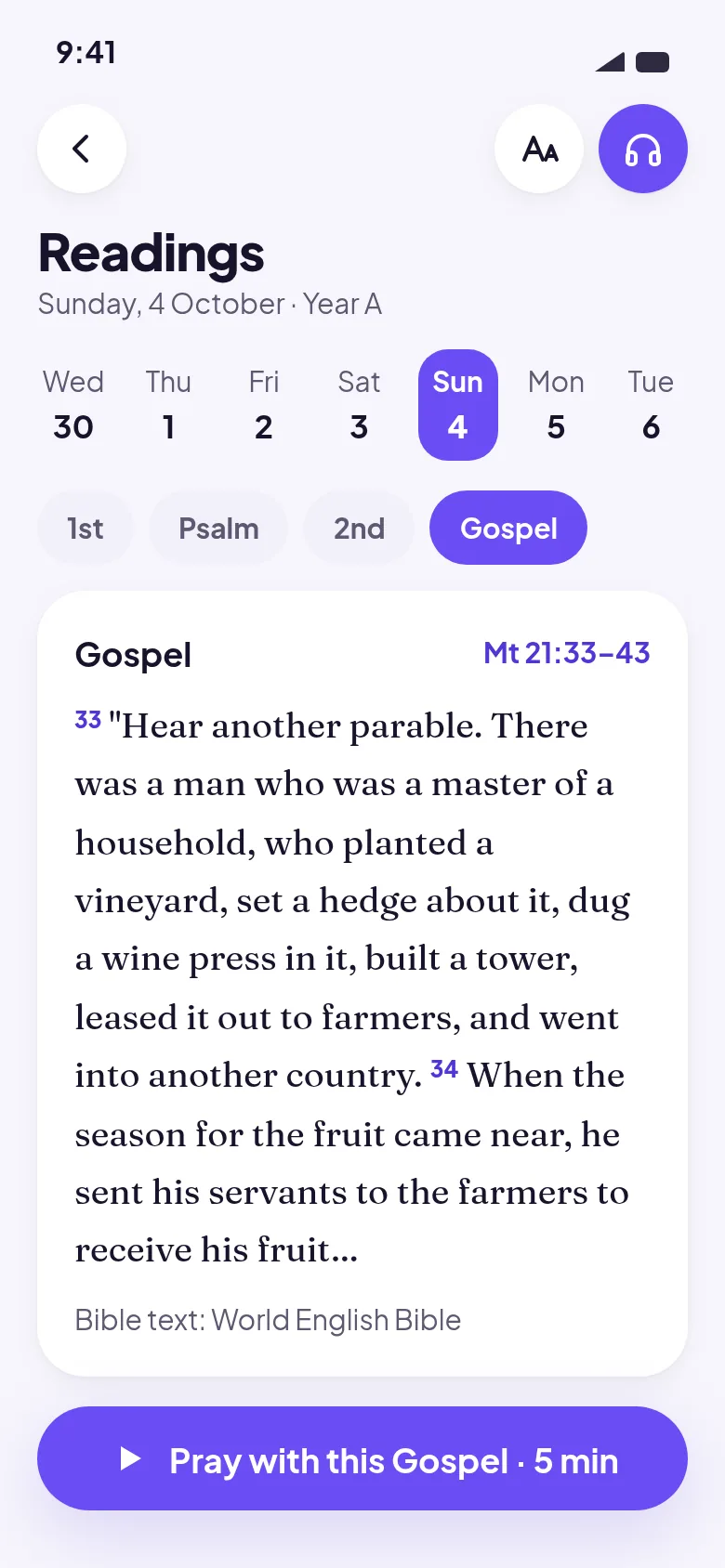 Daily readings screen showing Sunday's Gospel